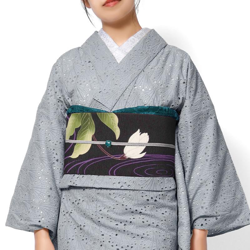京袋帯 WAKKA 月下美人 黒 白 グレー 花 モダン 正絹 お太鼓 一重太鼓
