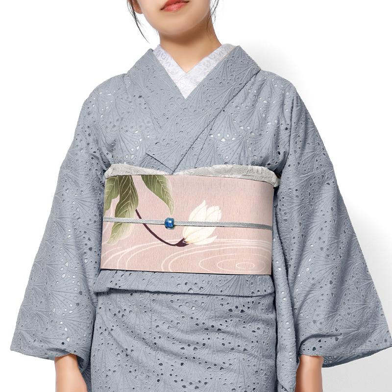 京袋帯 WAKKA 月下美人 ピンク 白 花 モダン 正絹 お太鼓 一重太鼓