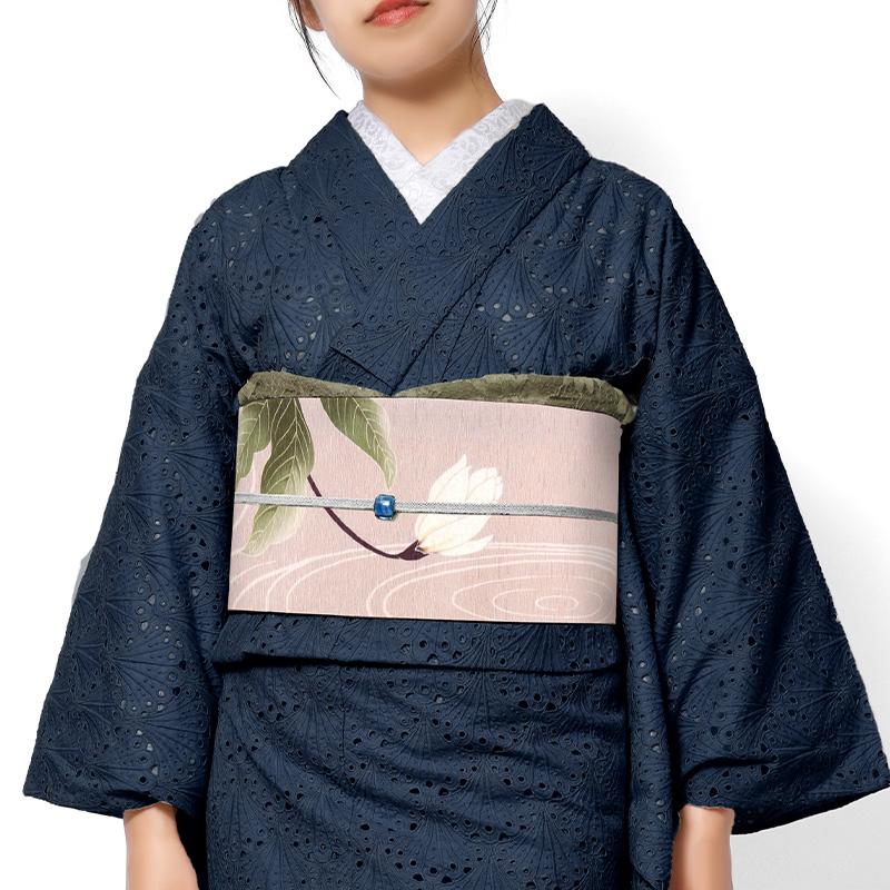 京袋帯 WAKKA 月下美人 ピンク 白 花 モダン 正絹 お太鼓 一重太鼓