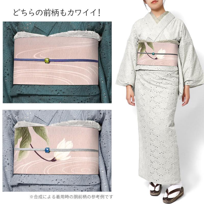 京袋帯 WAKKA 月下美人 ピンク 白 花 モダン 正絹 お太鼓 一重太鼓
