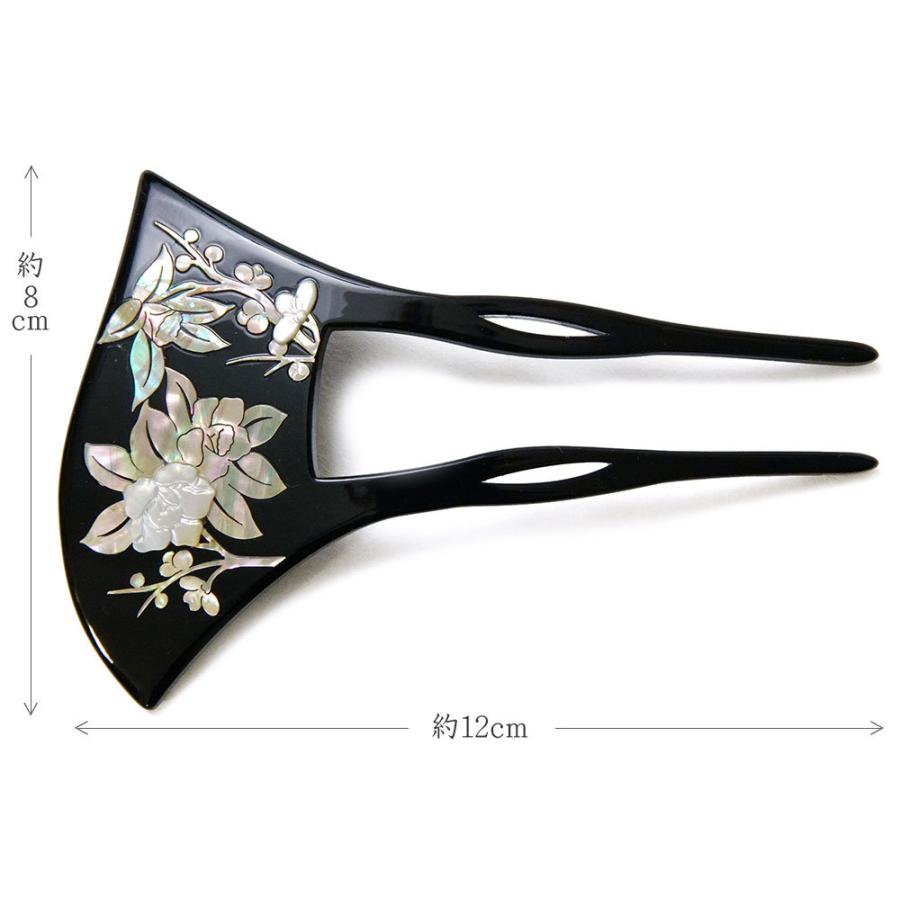 かんざし 螺鈿 椿 蒔絵風 黒 バチ型 花 フォーマル 髪飾り ヘア