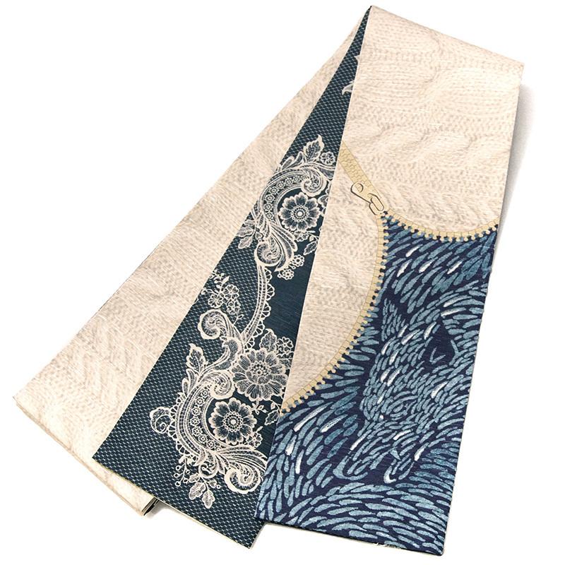 半幅帯 WAKKA オオカミのクローゼット オフホワイト ネイビー フェイク