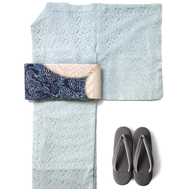 半幅帯 WAKKA オオカミのクローゼット オフホワイト ネイビー フェイク