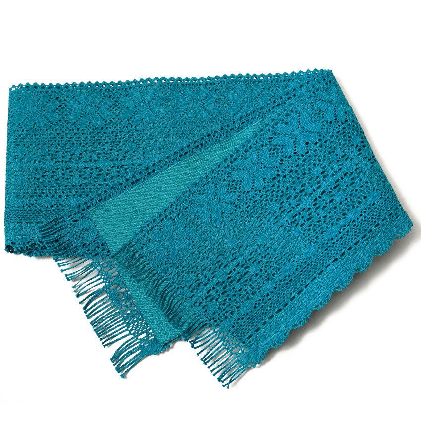 撫松庵 半幅帯 レース ターコイズ 青緑 フェミニン エレガント 夏帯