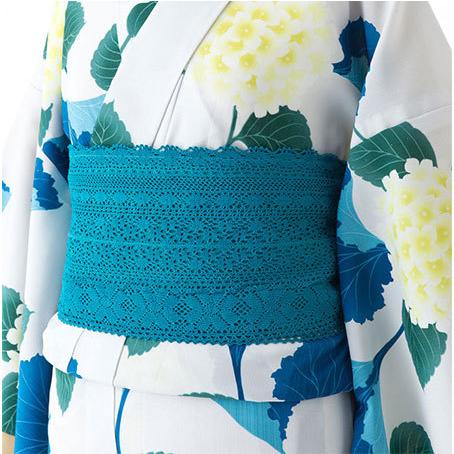 撫松庵 半幅帯 レース ターコイズ 青緑 フェミニン エレガント 夏帯