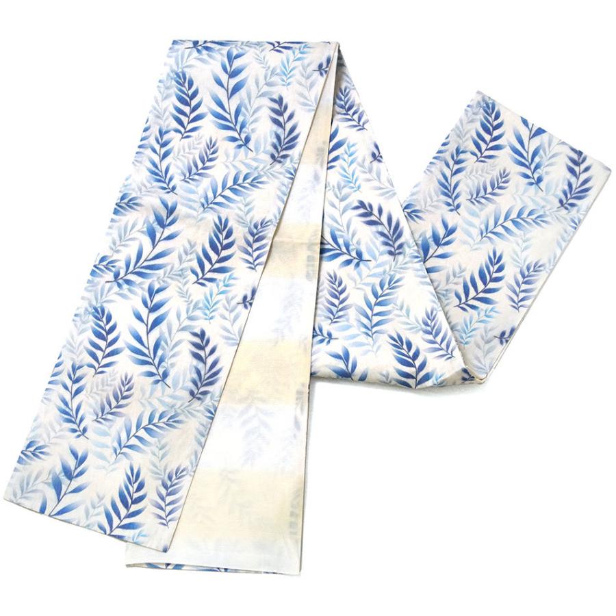 袋帯 葉 オフ白 青 正絹 オールシーズン カジュアル 全通柄 染め帯  