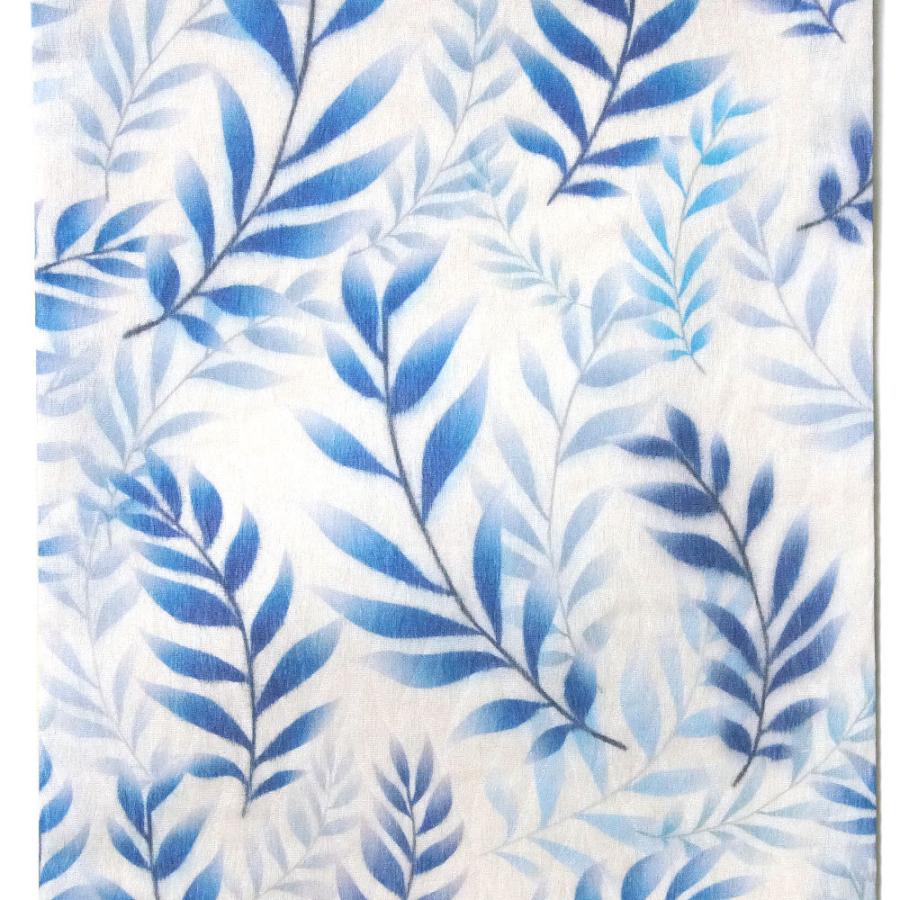 袋帯 葉 オフ白 青 正絹 オールシーズン カジュアル 全通柄 染め帯  