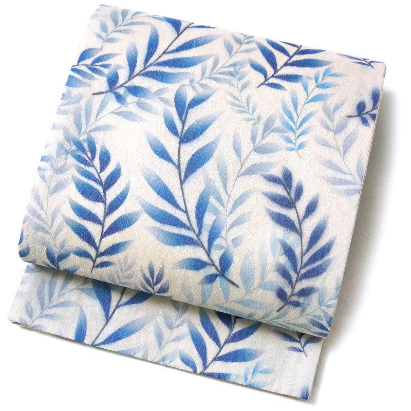 袋帯 葉 オフ白 青 正絹 オールシーズン カジュアル 全通柄 染め帯  