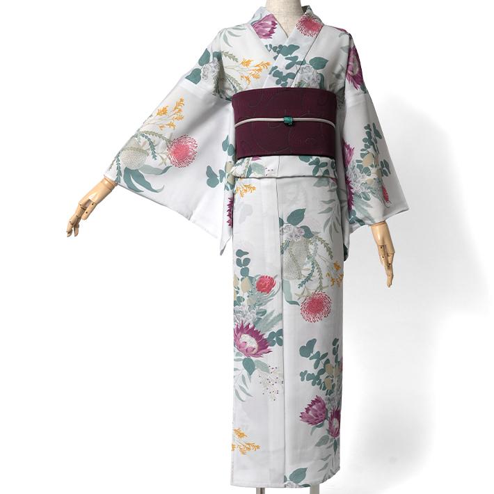 撫松庵 ネイティブフラワー グレー 花 セオアルファ 単衣 夏着物 浴衣