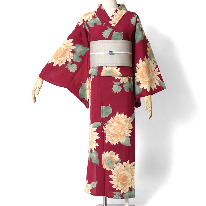 撫松庵　レディース浴衣　赤色 撫松庵 向日葵 赤 黄色 セオアルファ 単衣 夏着物 浴衣 仕立て上がり