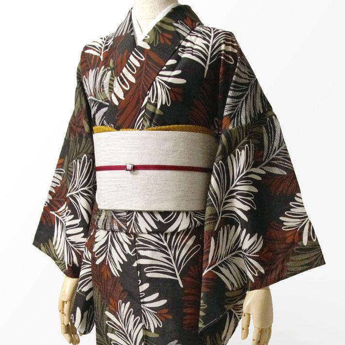 洗える着物 単衣 ヤシ ダークブラウン 葉 シック モダン 仕立て上がり