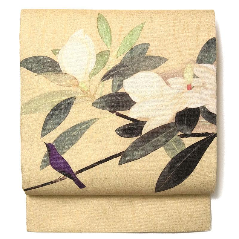 名古屋帯 小林古径 白華小禽 ベージュ 鳥 タイサンボク 日本画 芸術