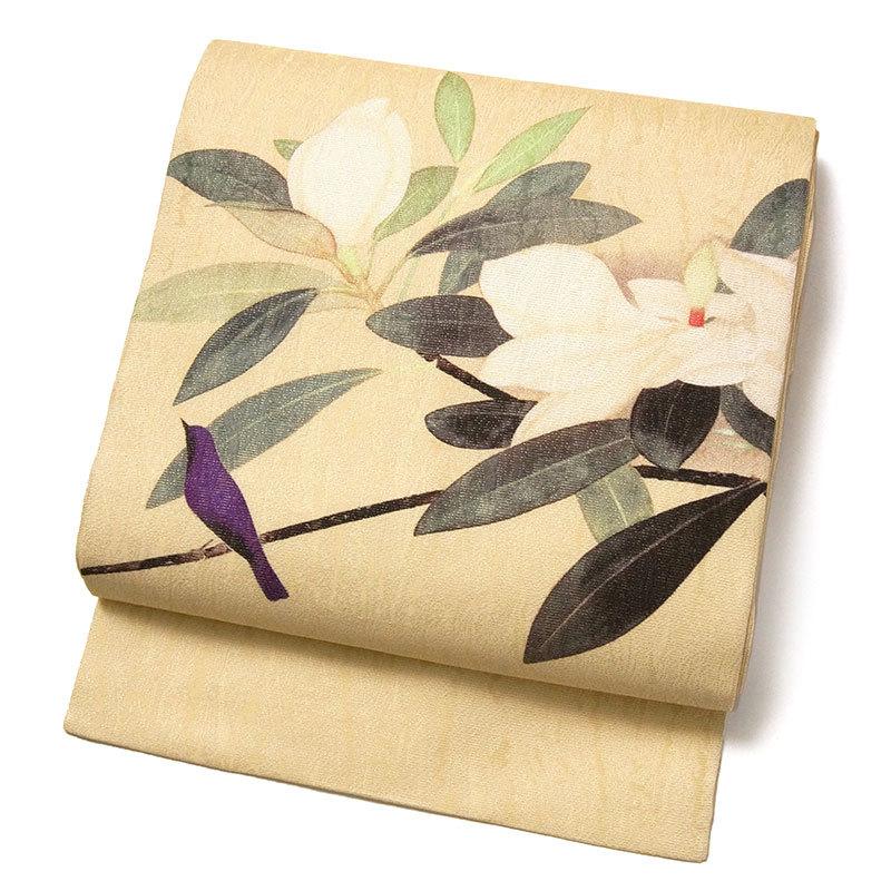 名古屋帯 小林古径 白華小禽 ベージュ 鳥 タイサンボク 日本画 芸術