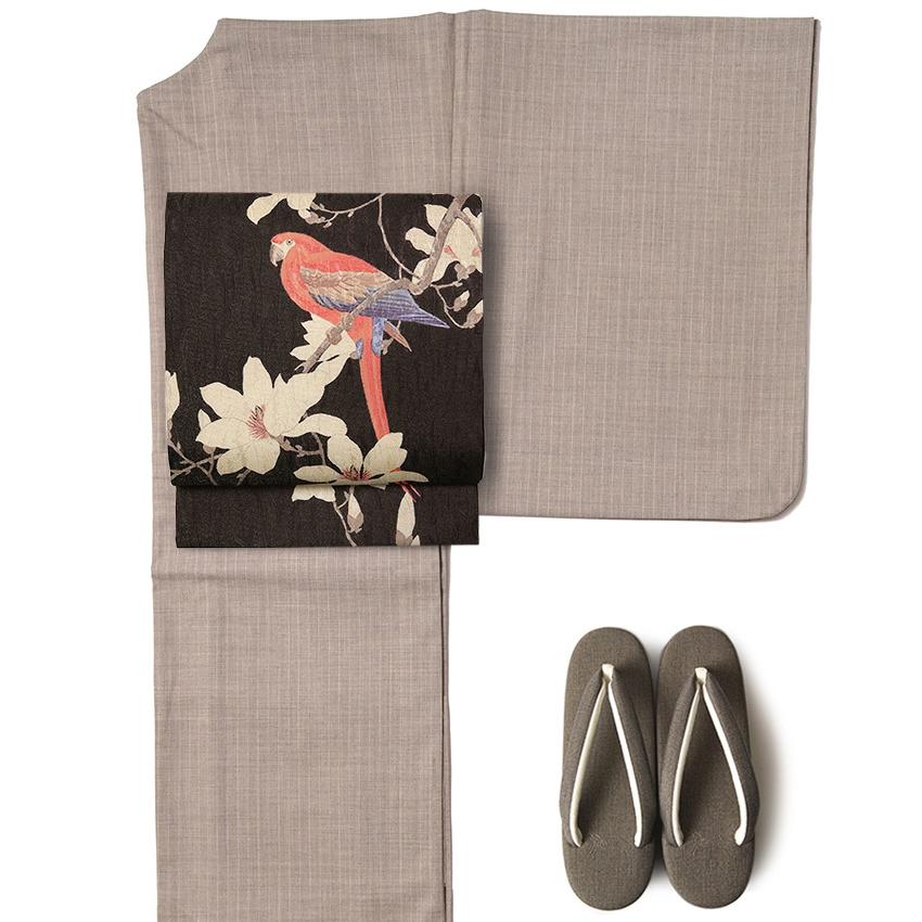 名古屋帯 木蓮とべにおうむ 西村蒲堂 ダークブラウン オウム 日本画