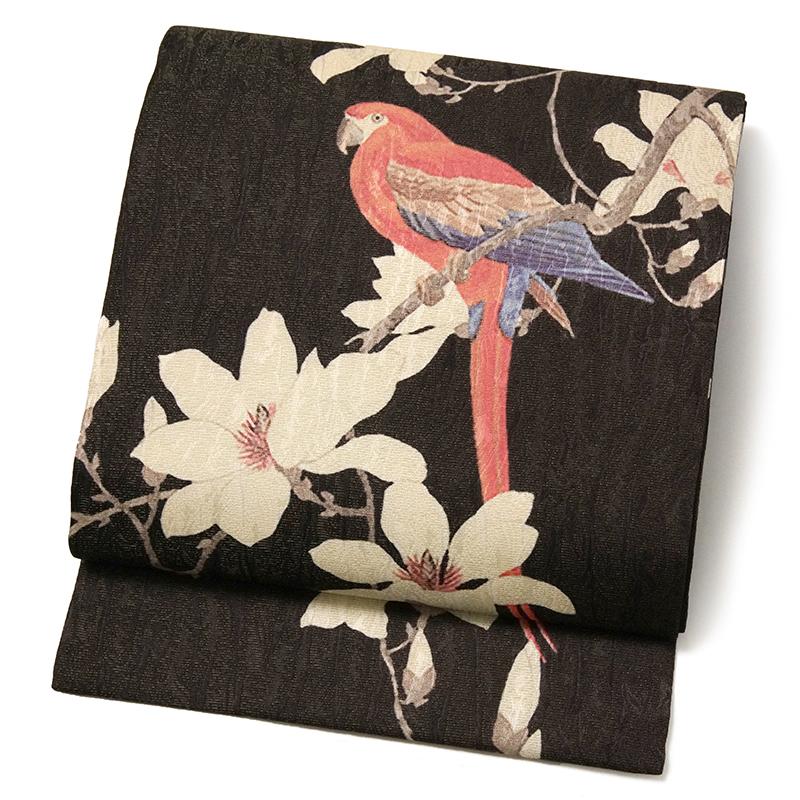 名古屋帯 木蓮とべにおうむ 西村蒲堂 ダークブラウン オウム 日本画