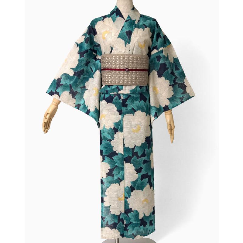 夏着物 綿絽 岡重 牡丹 緑 ベージュ 古典柄 レディース 30代 40 夏着物 綿絽 岡重 牡丹 緑 ベージュ 古典柄 レディース 30代 40