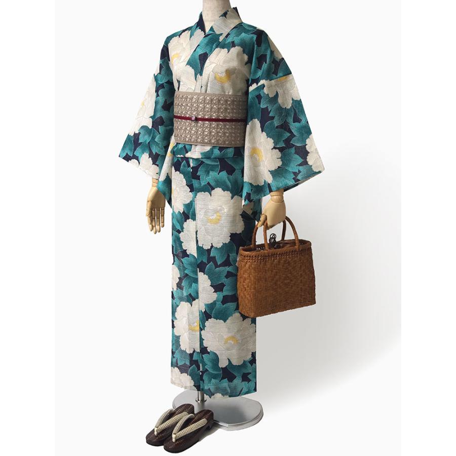 夏着物 綿絽 岡重 牡丹 緑 ベージュ 古典柄 レディース 30代 40 夏着物 綿絽 岡重 牡丹 緑 ベージュ 古典柄 レディース 30代 40