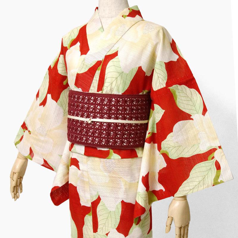 夏着物 綿絽 岡重 泰山木 花 赤 黄色 古典柄 レディース 30代 40代 50