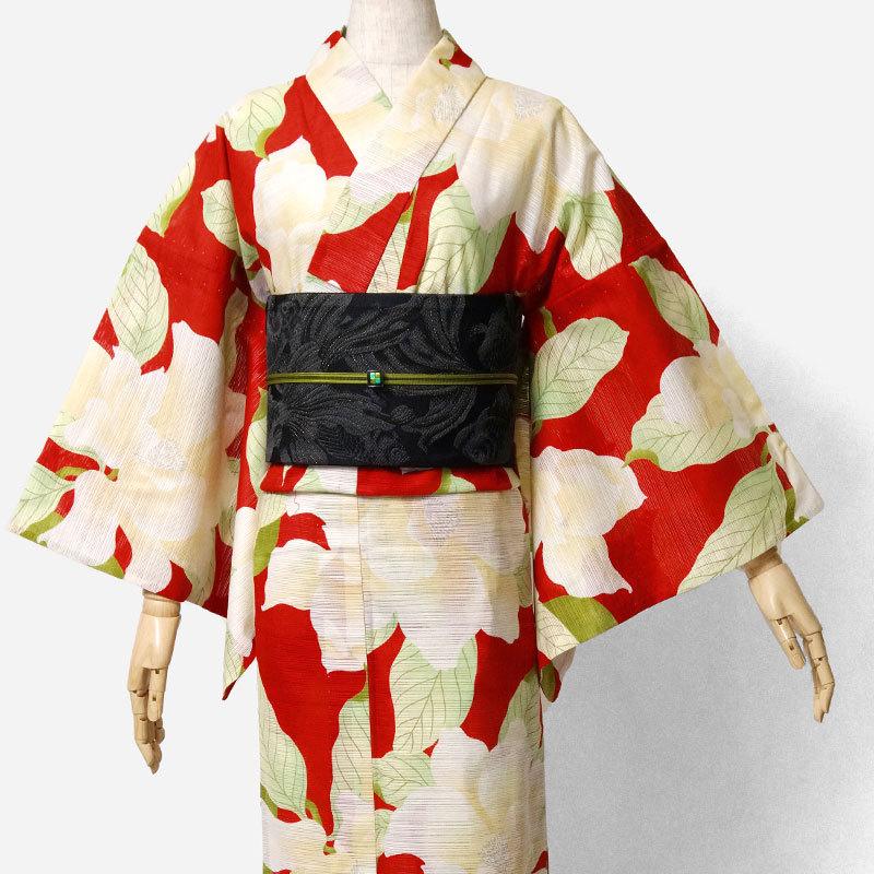 夏着物 綿絽 岡重 泰山木 花 赤 黄色 古典柄 レディース 30代 40代 50