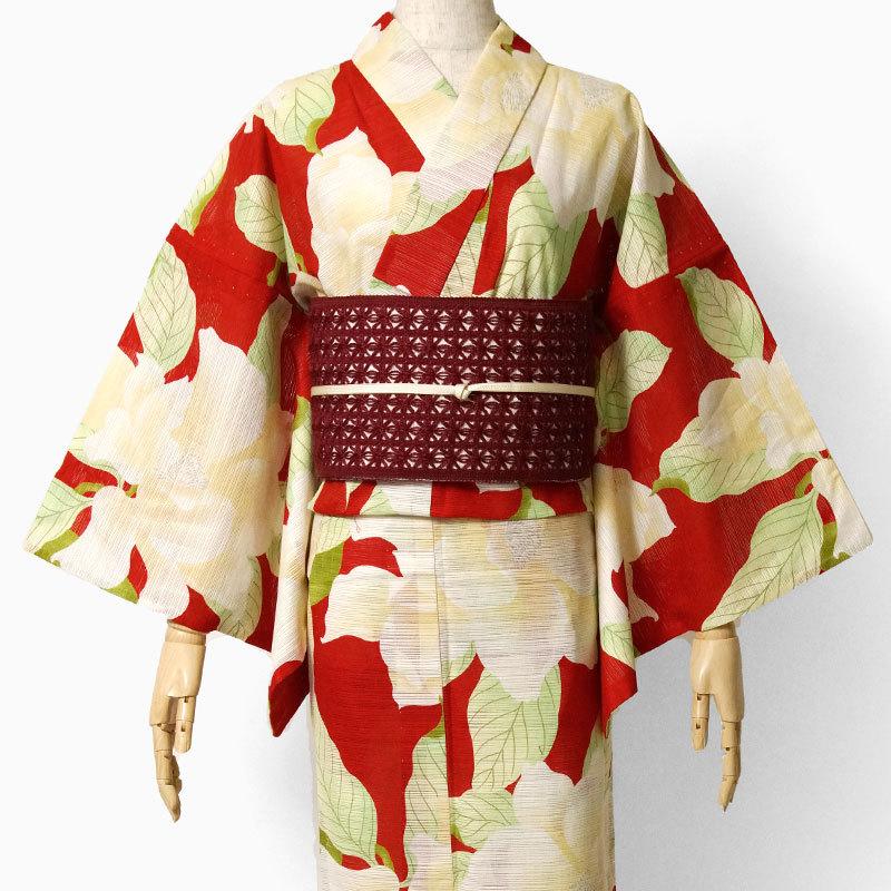 夏着物 綿絽 岡重 泰山木 花 赤 黄色 古典柄 レディース 30代 40代 50