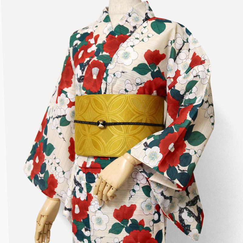 夏着物 綿絽 岡重 梅 椿 花 クリーム 赤 古典柄 レディース 30代 夏着物 綿絽 岡重 梅 椿 花 クリーム 赤 古典柄 レディース 30代