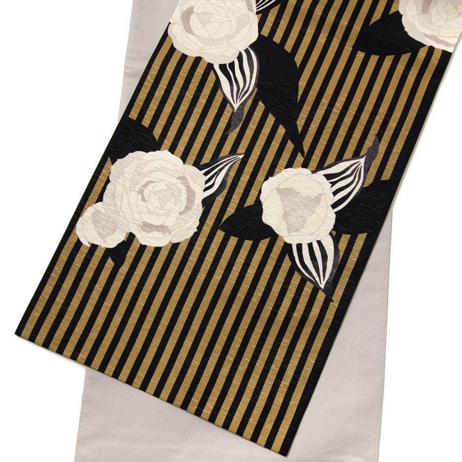 京袋帯 WAKKA ラヴィアンローズ ストライプ バラ ブロンズ 黄土 黒 花  