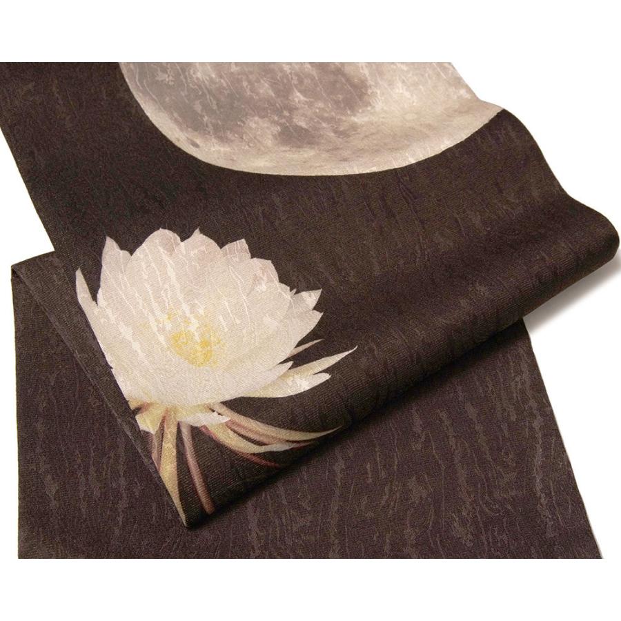 名古屋帯 月下美人 月 ダークブラウン 花 エレガント 絹 日本製 お太鼓