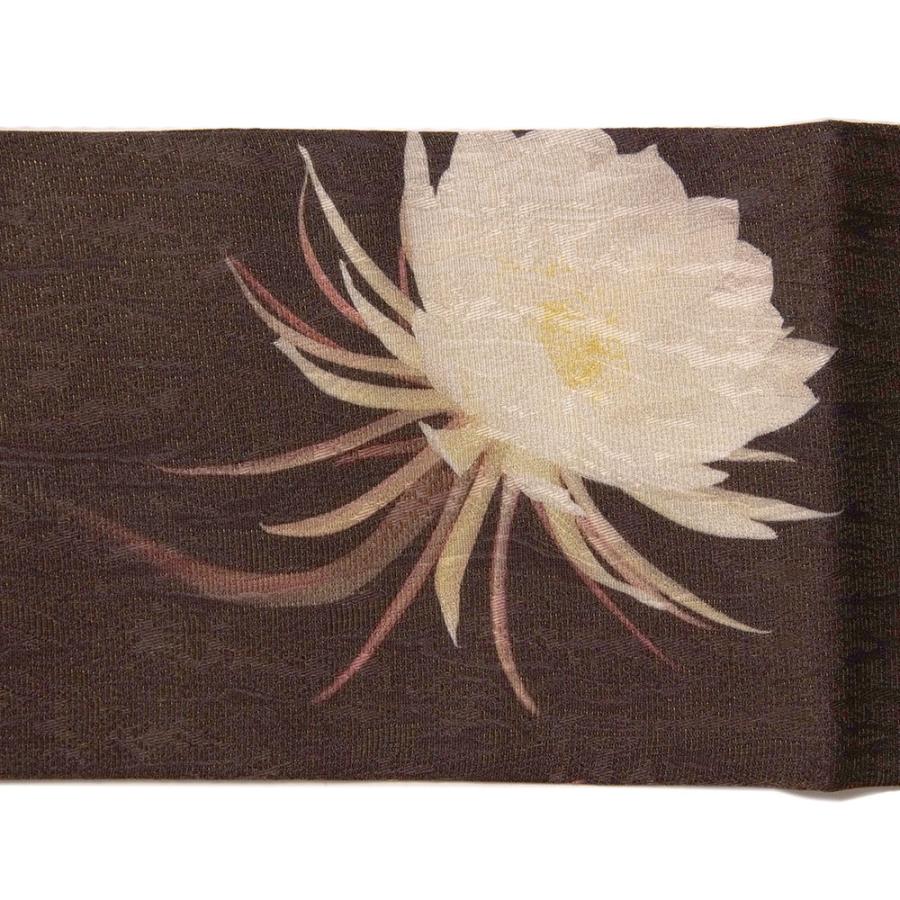 名古屋帯 月下美人 月 ダークブラウン 花 エレガント 絹 日本製 お太鼓