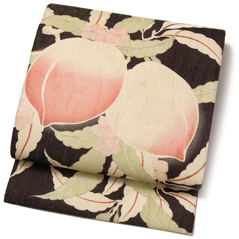 名古屋帯 桃 ダークブラウン レトロ アンティーク調 絹 日本製 お太鼓