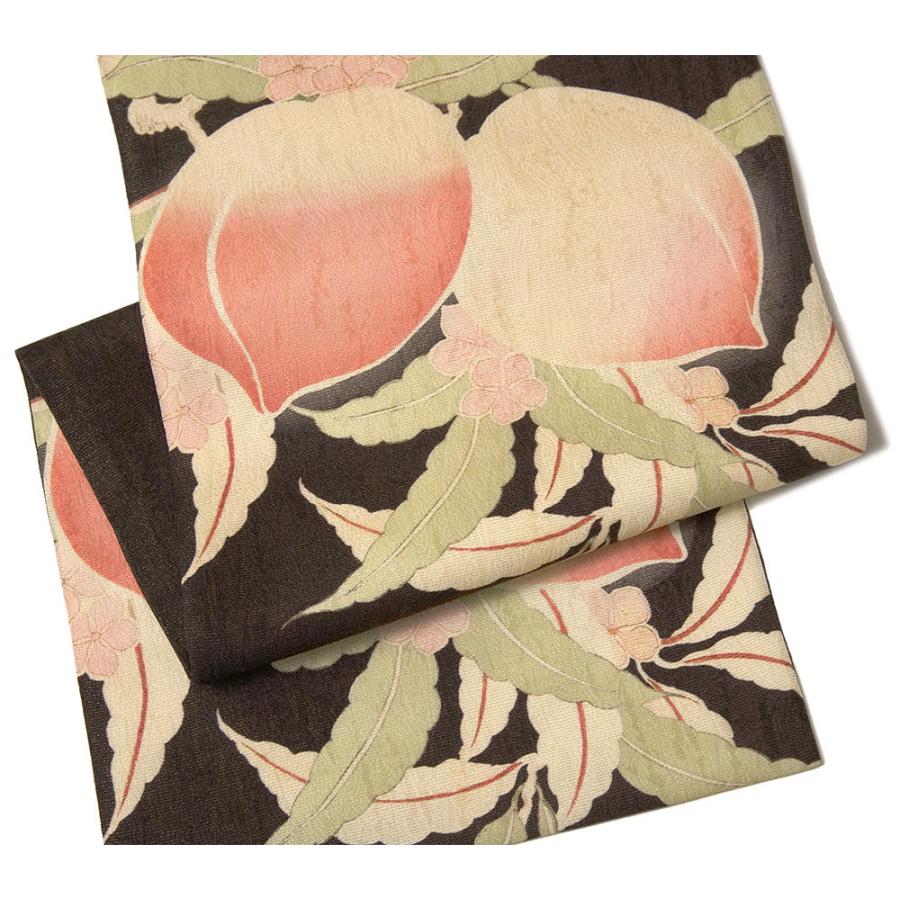 名古屋帯 桃 ダークブラウン レトロ アンティーク調 絹 日本製 お太鼓