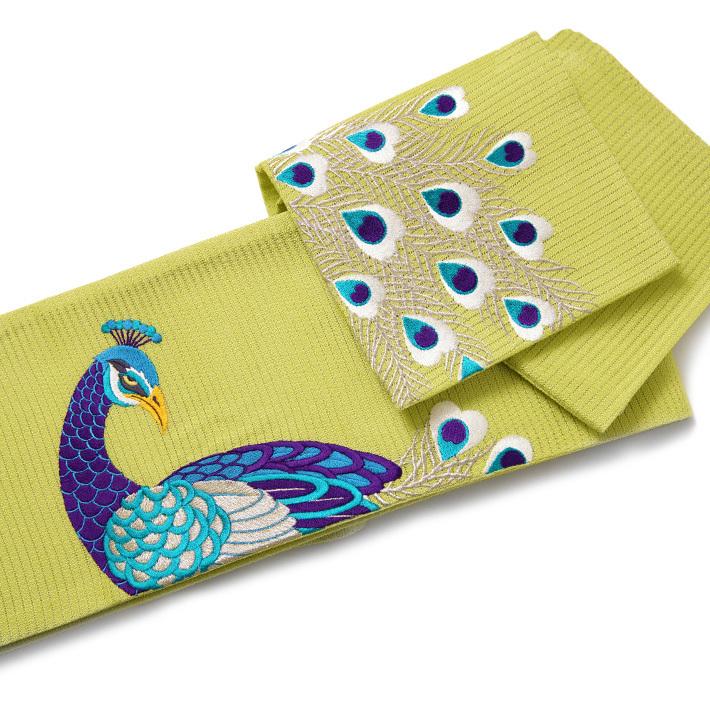 撫松庵 半幅帯 絽 孔雀 黄緑 刺繍 夏帯 日本製 半巾帯 細帯 刺しゅう 