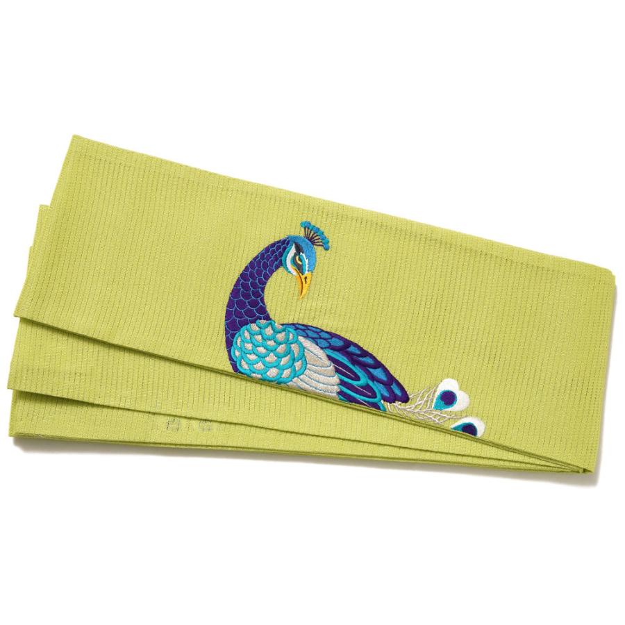 撫松庵 半幅帯 絽 孔雀 黄緑 刺繍 夏帯 日本製 半巾帯 細帯 刺しゅう 