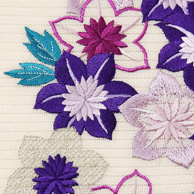 撫松庵 一重太鼓袋帯 絽 鉄線尽くし ベージュ オフ白 紫 花 刺繍