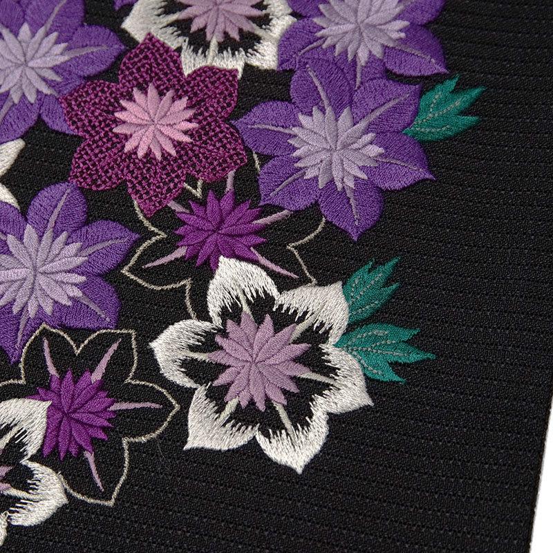 撫松庵 一重太鼓袋帯 絽 鉄線尽くし 黒 紫 花 刺繍 カジュアル 仕立て