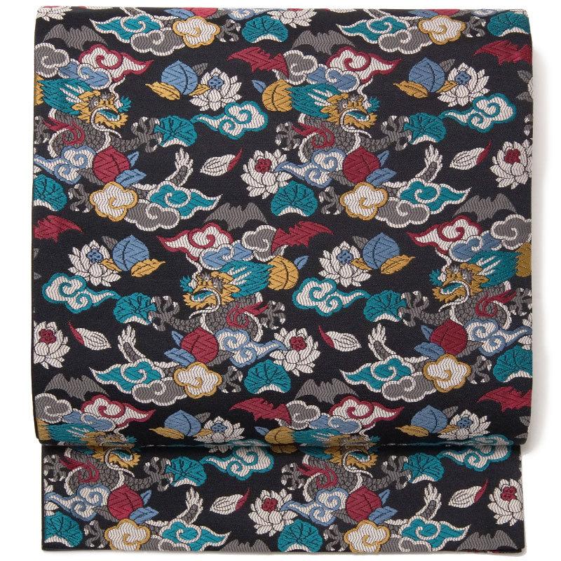 撫松庵 京袋帯 西陣織 桃雲竜 縁起物 黒 正絹 シック モダン お太鼓  