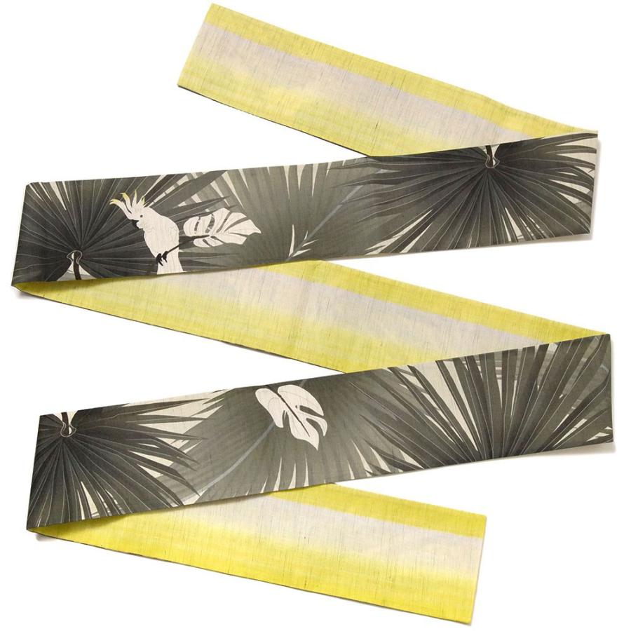 半幅帯 WAKKA 麻 常夏のリゾート グレー 黄色 オウム コバタン 半幅帯 WAKKA 麻 常夏のリゾート グレー 黄色 オウム コバタン