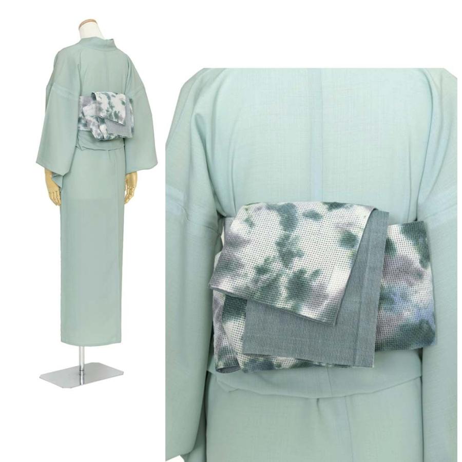 撫松庵 半幅帯 籠染め 緑 グレー 麻 日本製 半巾帯 細帯 カジュアル 夏