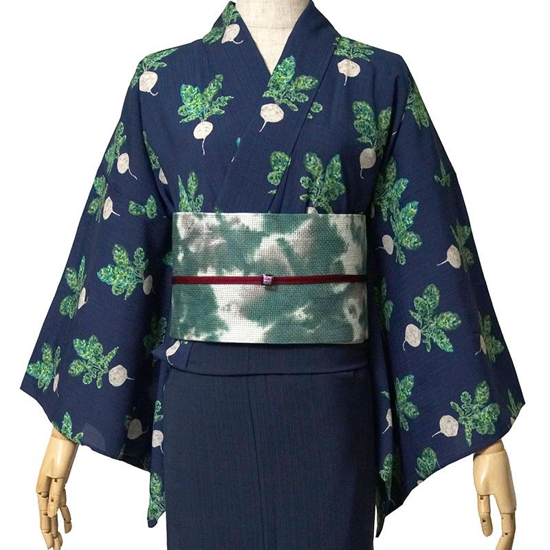 撫松庵 半幅帯 籠染め 緑 グレー 麻 日本製 半巾帯 細帯 カジュアル 夏