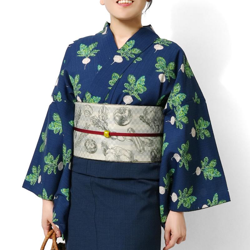 夏着物 ラディッシュ ネイビー 紺地 セオアルファ 野菜 個性的 単衣 浴衣 洗える 仕立て上がり レディース 和風館 フルッタロッサ Fruttarossaの画像