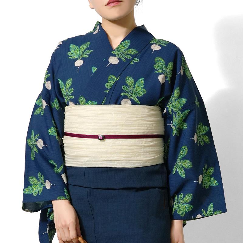 夏着物 ラディッシュ ネイビー 紺地 セオアルファ 野菜 個性的 単衣 浴衣 洗える 仕立て上がり レディース 和風館 フルッタロッサ Fruttarossaの画像