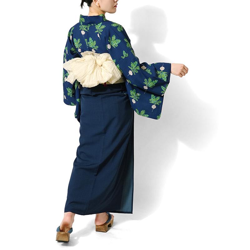 夏着物 ラディッシュ ネイビー 紺地 セオアルファ 野菜 個性的 単衣 浴衣 洗える 仕立て上がり レディース 和風館 フルッタロッサ Fruttarossaの画像