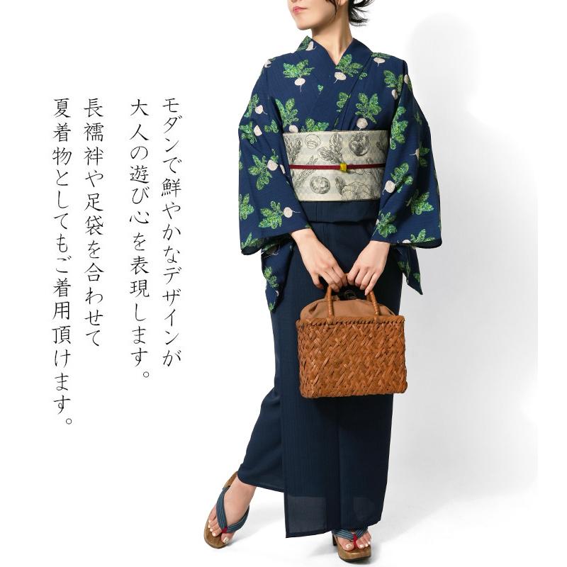 夏着物 ラディッシュ ネイビー 紺地 セオアルファ 野菜 個性的 単衣 浴衣 洗える 仕立て上がり レディース 和風館 フルッタロッサ Fruttarossaの画像