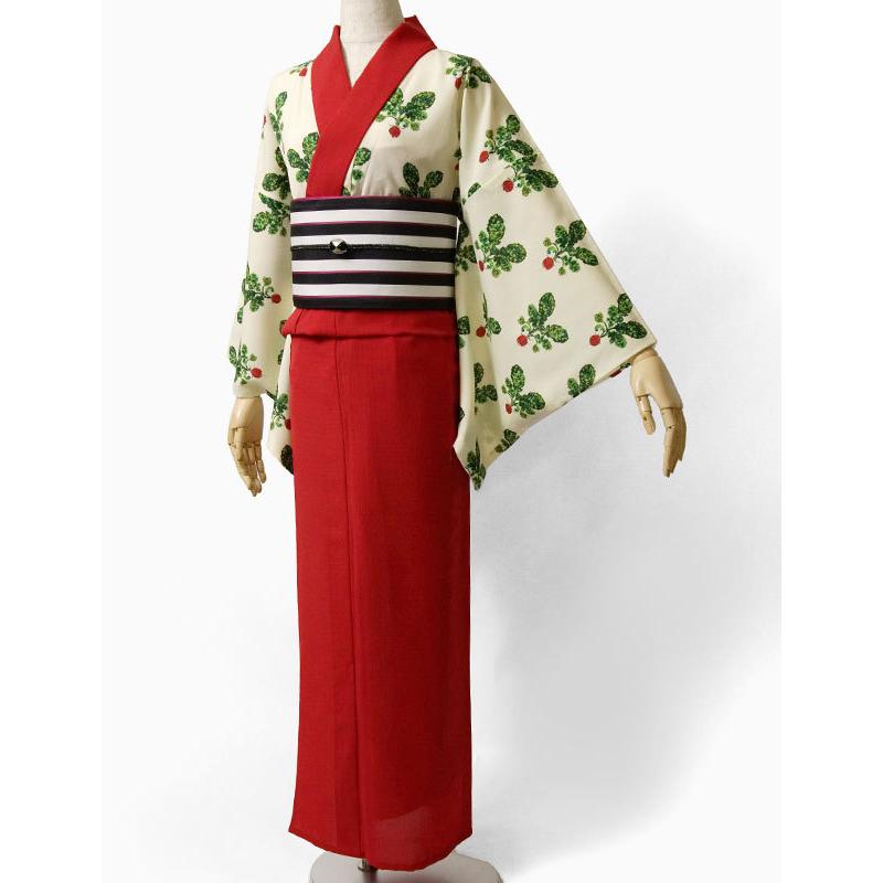 夏着物 ラディッシュ 赤 クリーム 袴風 セオアルファ ポップ モダン 単