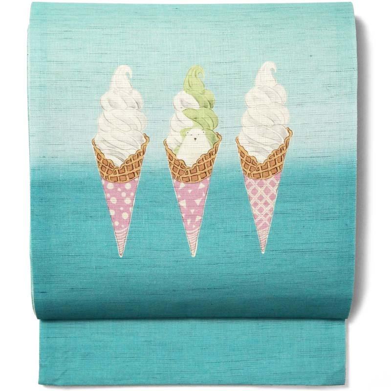 京袋帯 召しませ花 麻 シロクマ ソフトクリーム 青 水色 ターコイズ