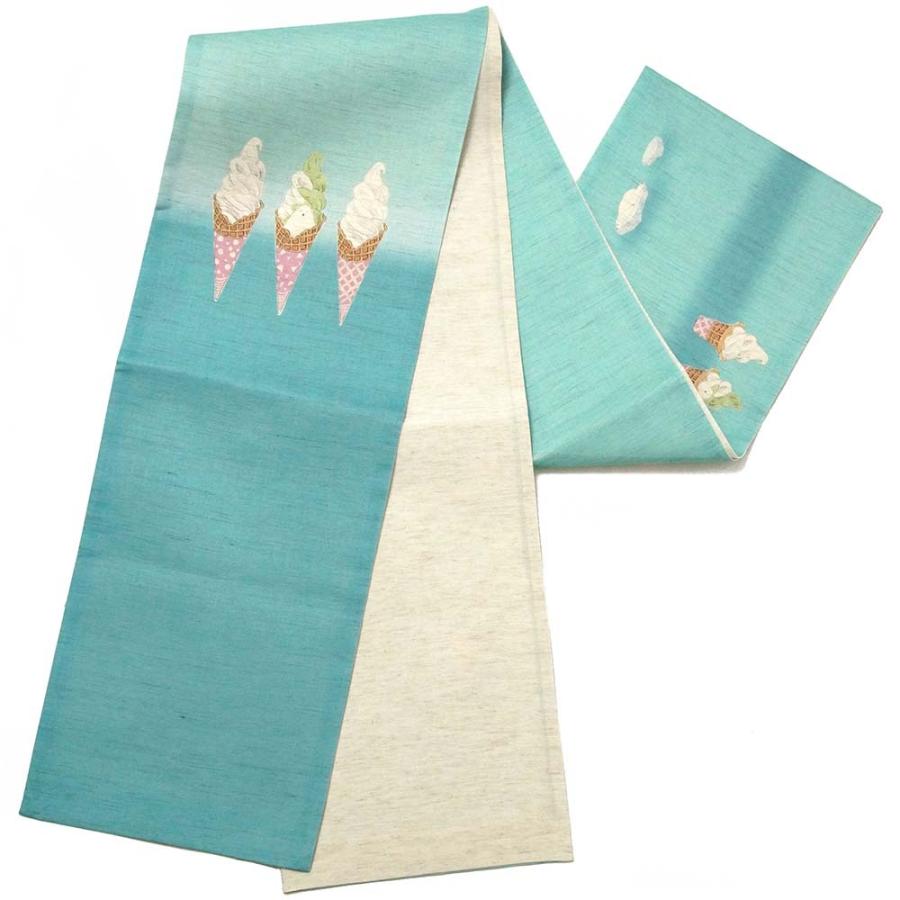 京袋帯 召しませ花 麻 シロクマ ソフトクリーム 青 水色 ターコイズ