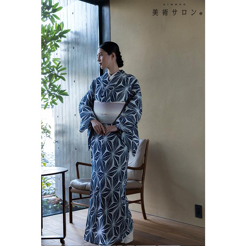 浴衣 美術サロン 近江ちぢみ 麻の葉 紺 藍捺染 綿麻 レディース 浴衣 美術サロン 近江ちぢみ 麻の葉 紺 藍捺染 綿麻 レディース
