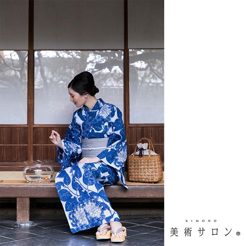 美術サロン高級浴衣 近江ちぢみ 紫陽花柄 紺 白 藍捺染 綿麻上品 大人
