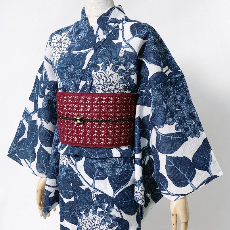 浴衣 美術サロン 近江ちぢみ 紫陽花 紺 白 藍捺染 綿麻 レディース 