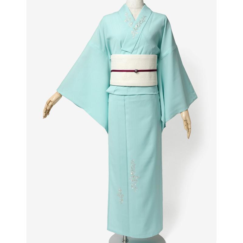 夏着物 美術サロン 無地染 刺繍 セオアルファ 水色 シンプル ワンポイント レディース30代 40代 50代 女性用 仕立上がり 単品 浴衣 日本製の画像