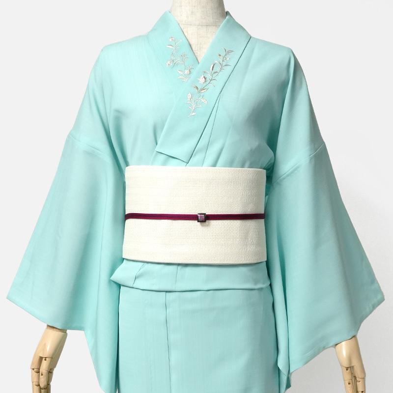 夏着物 美術サロン 無地染 刺繍 セオアルファ 水色 シンプル ワンポイント レディース30代 40代 50代 女性用 仕立上がり 単品 浴衣 日本製の画像